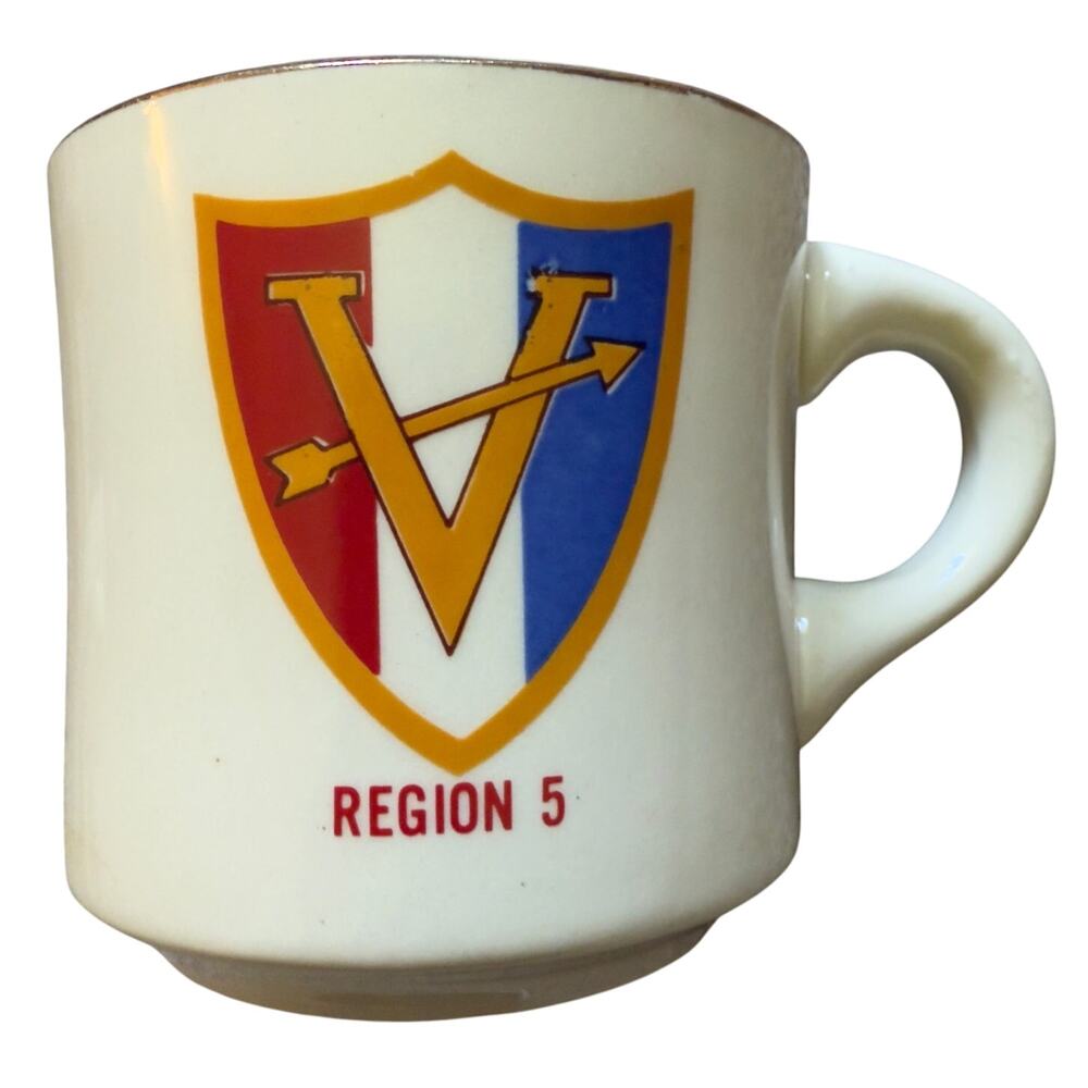 Vintage 1970s Boy Scouts of America Region 5 V Gold Rim Ceramic Coffee Mug